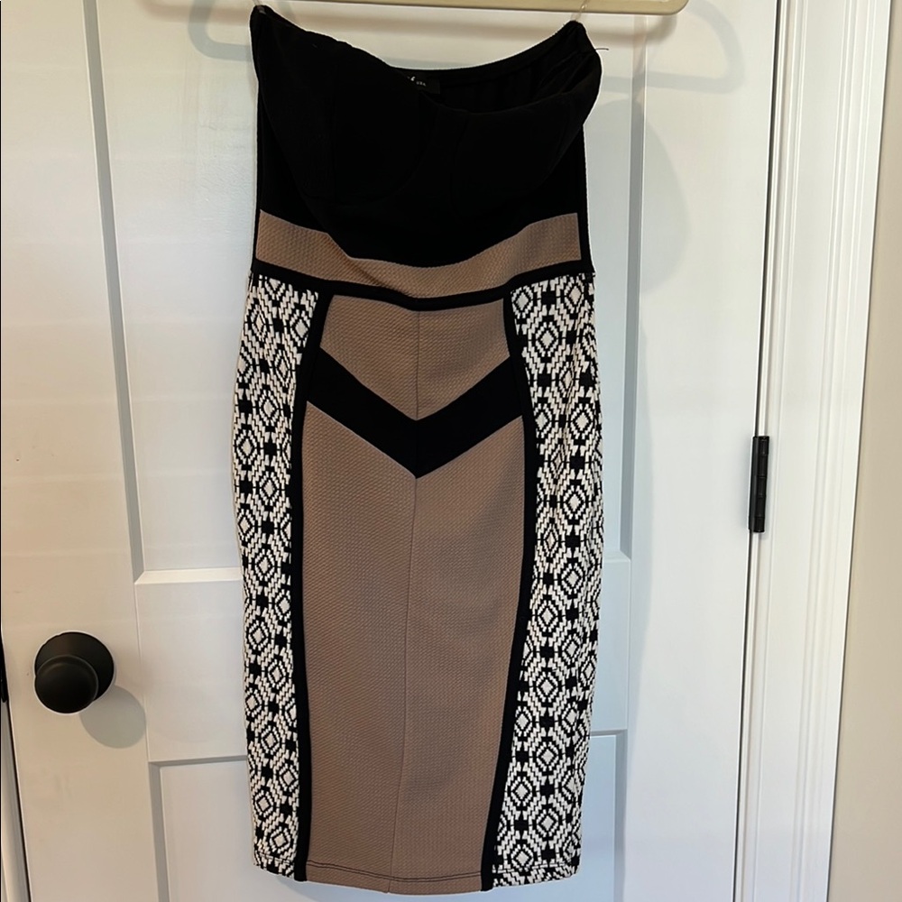 Black and Tan Strapless Dress with Patterned Panels
